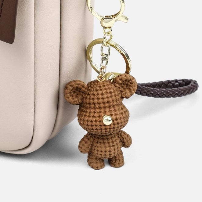 Color-Block Genuine Leather Mini Crossbody Bag with Bear Charm