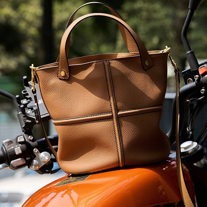 Elegant Genuine Leather Large Capacity Bucket Bag for Women