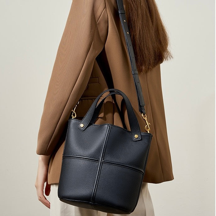 Elegant Genuine Leather Large Capacity Bucket Bag for Women