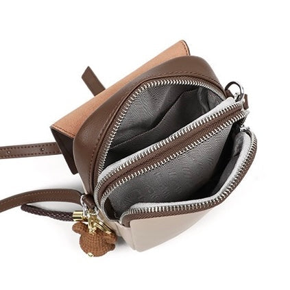 Color-Block Genuine Leather Mini Crossbody Bag with Bear Charm