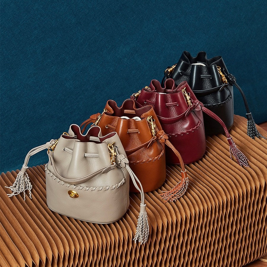 Women's Premium Cowhide Fringe Bucket Crossbody Handbag