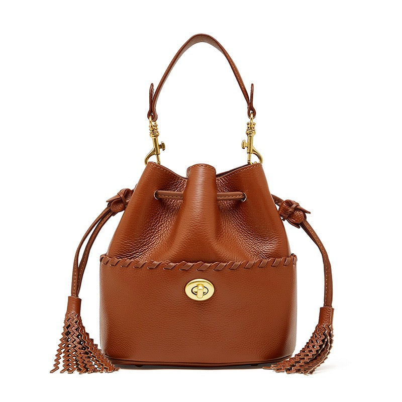 Women's Premium Cowhide Fringe Bucket Crossbody Handbag