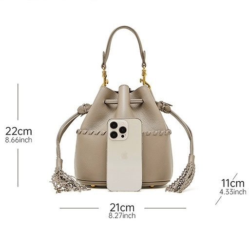 Women's Premium Cowhide Fringe Bucket Crossbody Handbag