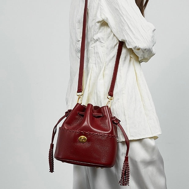 Women's Premium Cowhide Fringe Bucket Crossbody Handbag