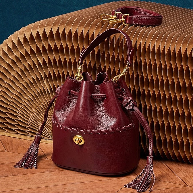 Women's Premium Cowhide Fringe Bucket Crossbody Handbag