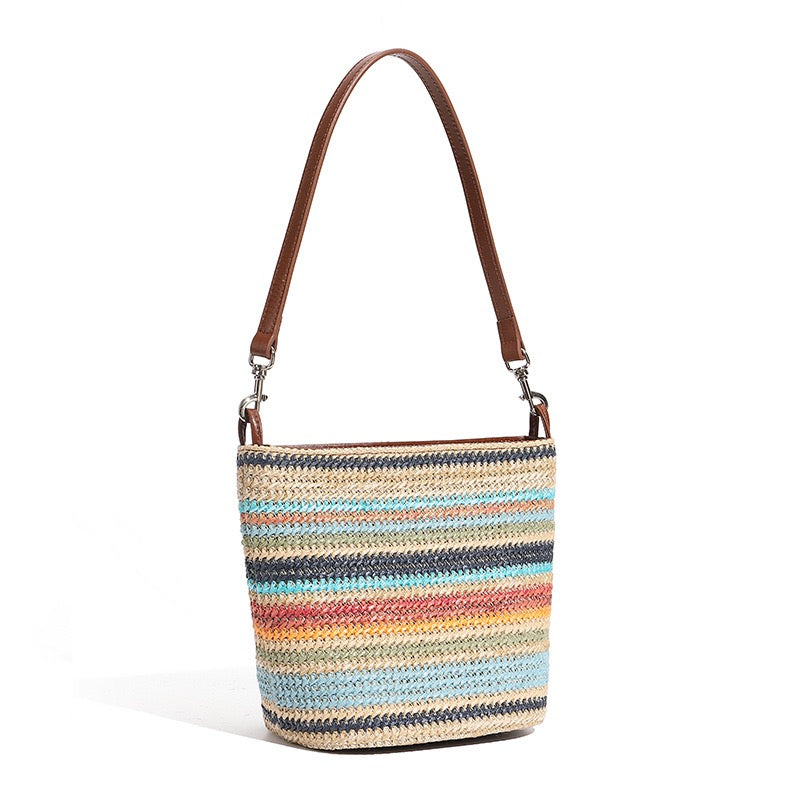 Summer Luxe Genuine Leather & Straw Color Block Bucket Bag