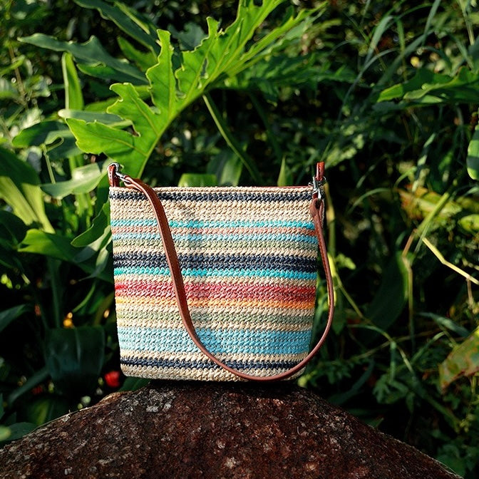 Summer Luxe Genuine Leather & Straw Color Block Bucket Bag