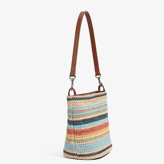 Summer Luxe Genuine Leather & Straw Color Block Bucket Bag