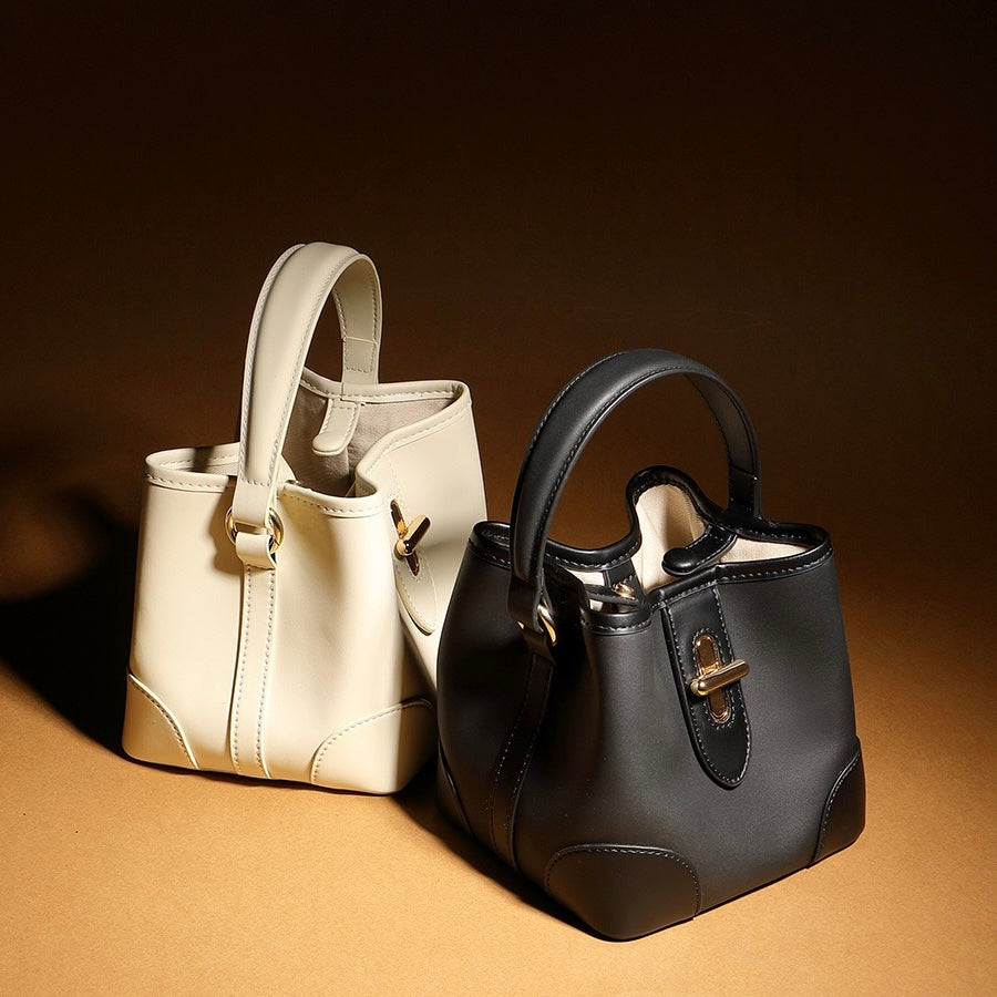 Genuine Leather Mini Bucket Handbag with Premium Lock for Women