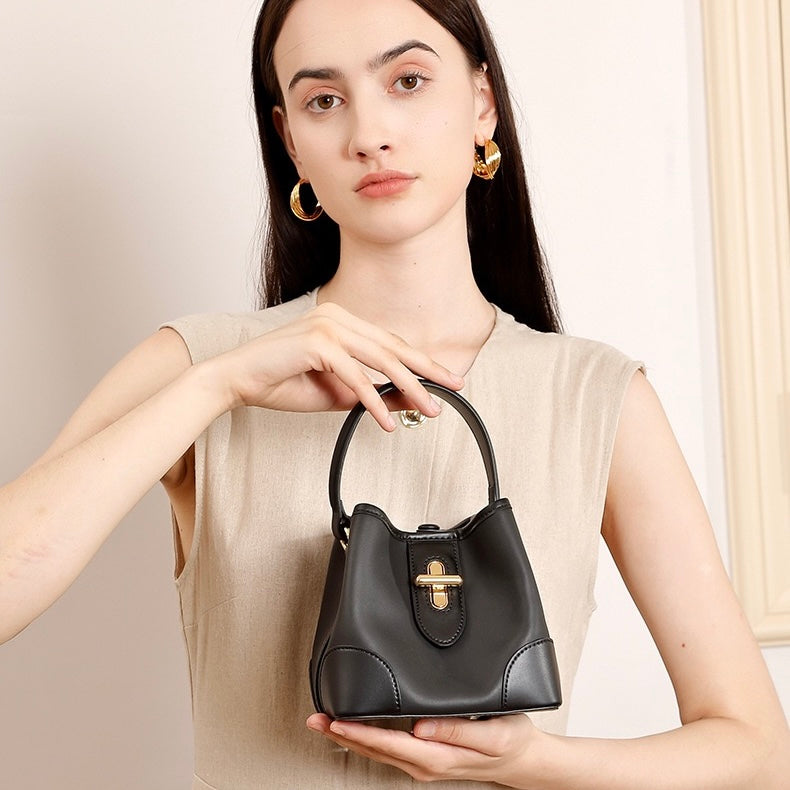 Genuine Leather Mini Bucket Handbag with Premium Lock for Women