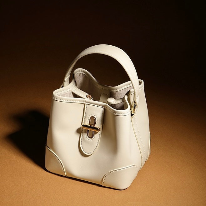 Genuine Leather Mini Bucket Handbag with Premium Lock for Women