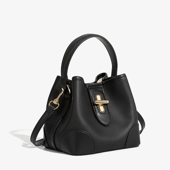 Genuine Leather Mini Bucket Handbag with Premium Lock for Women