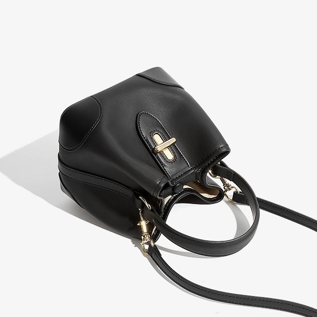 Genuine Leather Mini Bucket Handbag with Premium Lock for Women