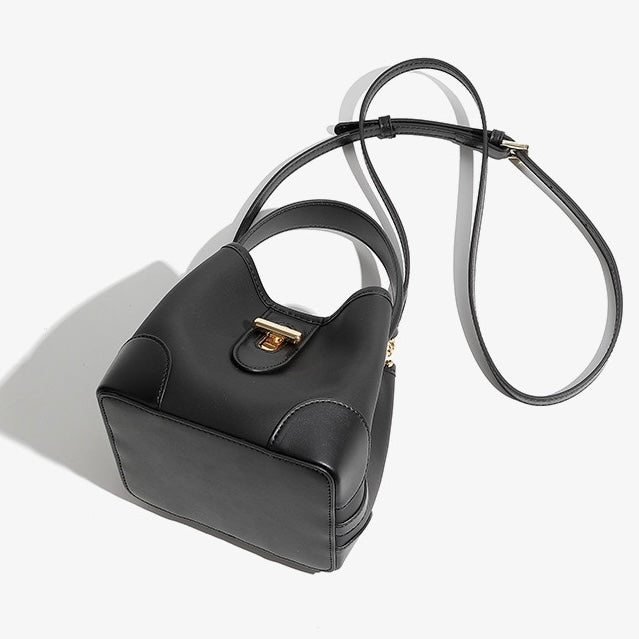 Genuine Leather Mini Bucket Handbag with Premium Lock for Women