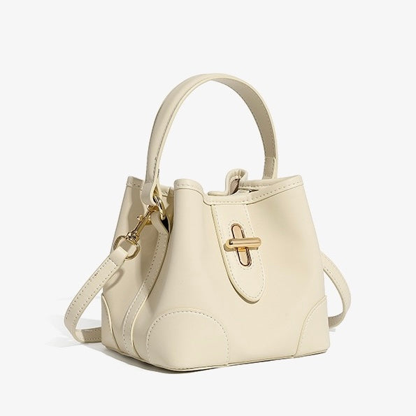 Genuine Leather Mini Bucket Handbag with Premium Lock for Women