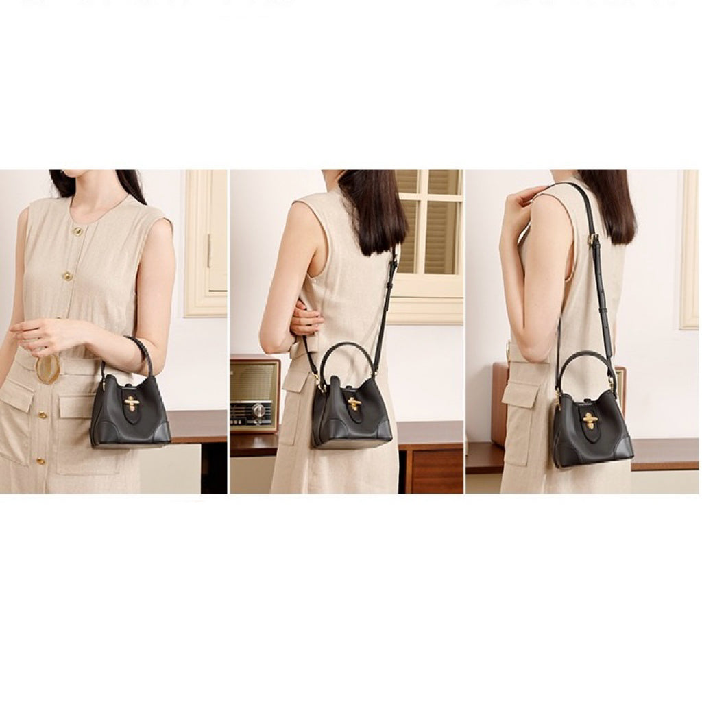 Genuine Leather Mini Bucket Handbag with Premium Lock for Women