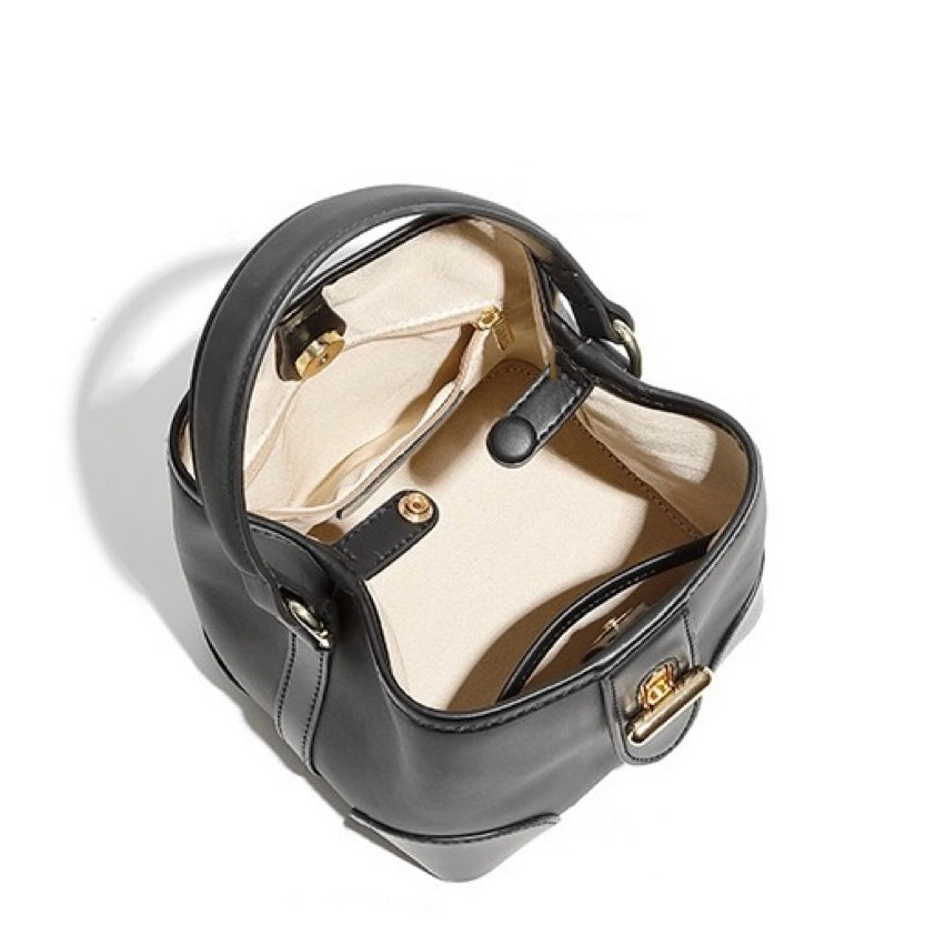 Genuine Leather Mini Bucket Handbag with Premium Lock for Women