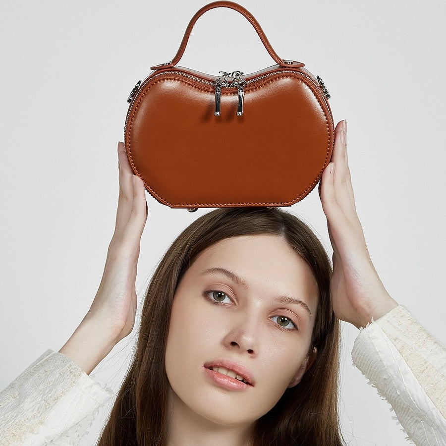 Elegant Apple-Shaped Genuine Leather Handbag