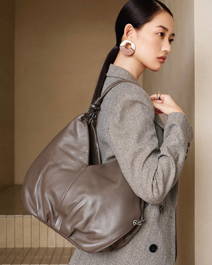 Luxury Ruched Leather Large Tote Hobo Bag