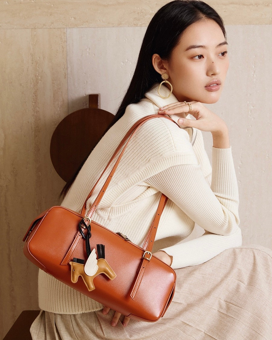 Genuine Leather Retro Bowling Bag with Horse Charm