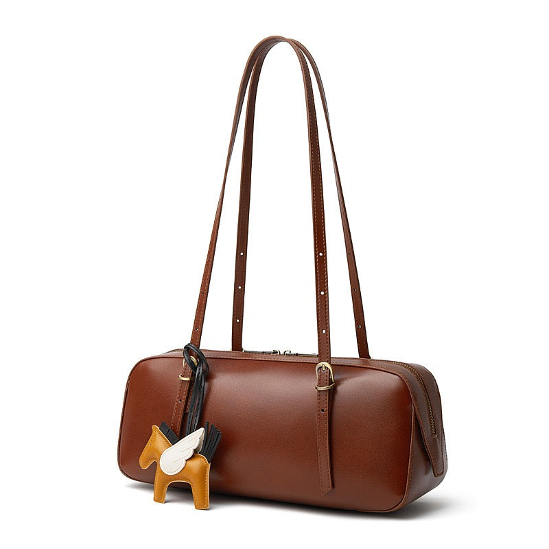 Genuine Leather Retro Bowling Bag with Horse Charm