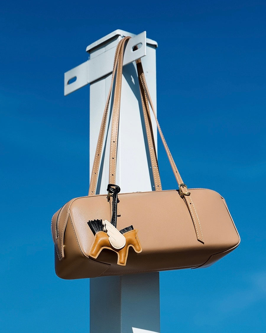 Genuine Leather Retro Bowling Bag with Horse Charm