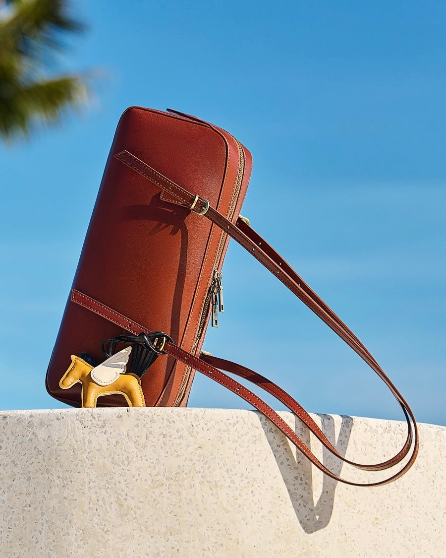 Genuine Leather Retro Bowling Bag with Horse Charm