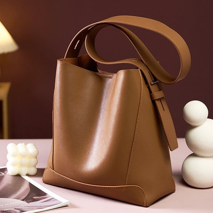 Oversized Genuine Leather Bucket Bag for Women