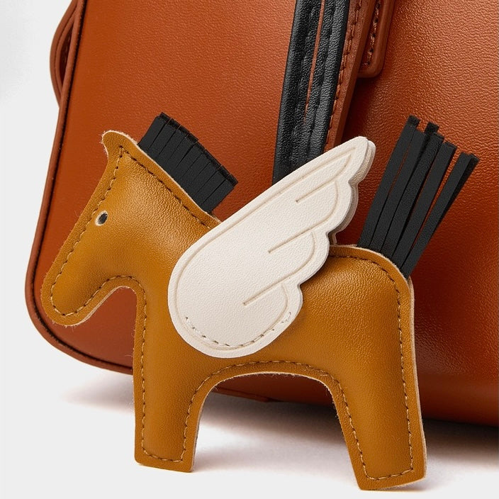 Genuine Leather Retro Bowling Bag with Horse Charm