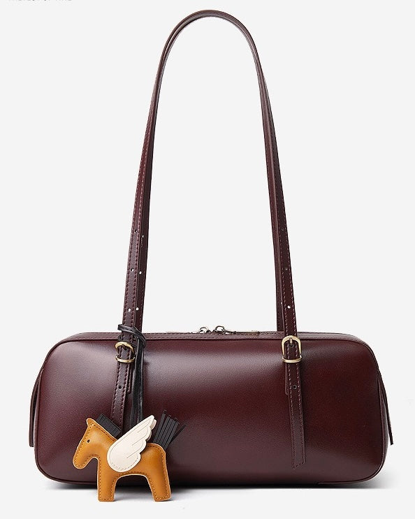Genuine Leather Retro Bowling Bag with Horse Charm