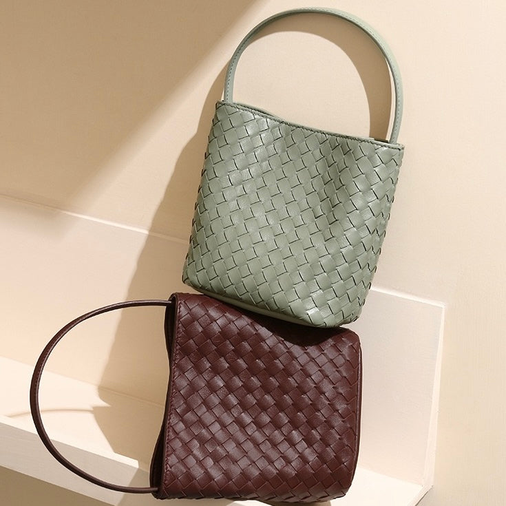 Genuine Sheepskin Retro Woven Bucket Bag for Women