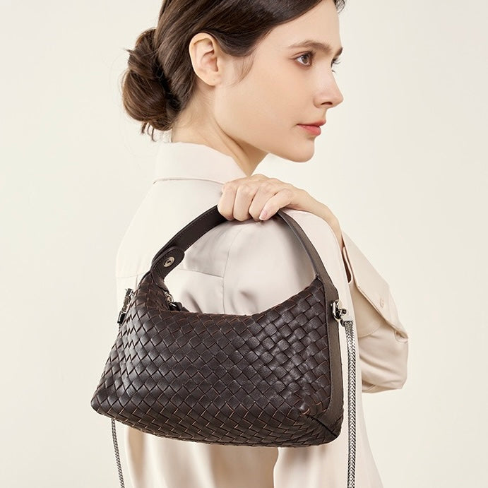 Genuine Sheepskin Leather Woven Dumpling Clutch Bag with Chain Strap