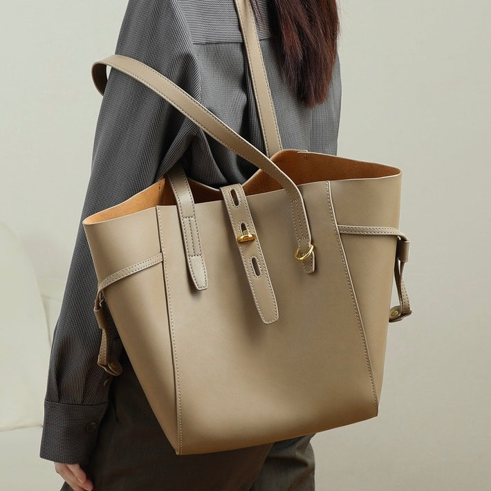 Vintage Lock Buckle Genuine Leather Tote Bag for Women