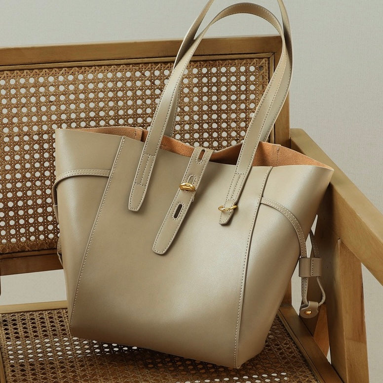 Vintage Lock Buckle Genuine Leather Tote Bag for Women