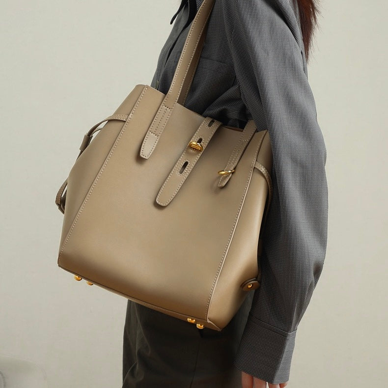 Vintage Lock Buckle Genuine Leather Tote Bag for Women