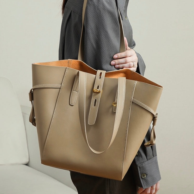 Vintage Lock Buckle Genuine Leather Tote Bag for Women