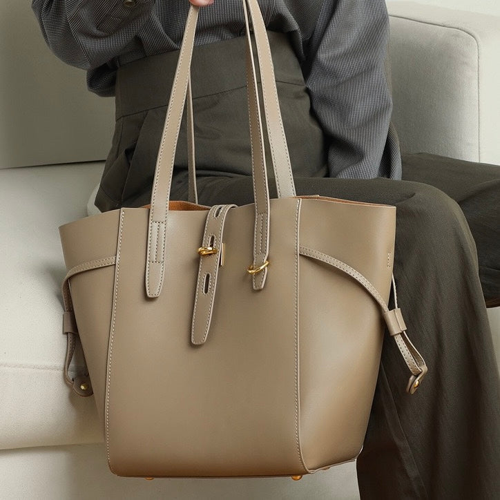Vintage Lock Buckle Genuine Leather Tote Bag for Women