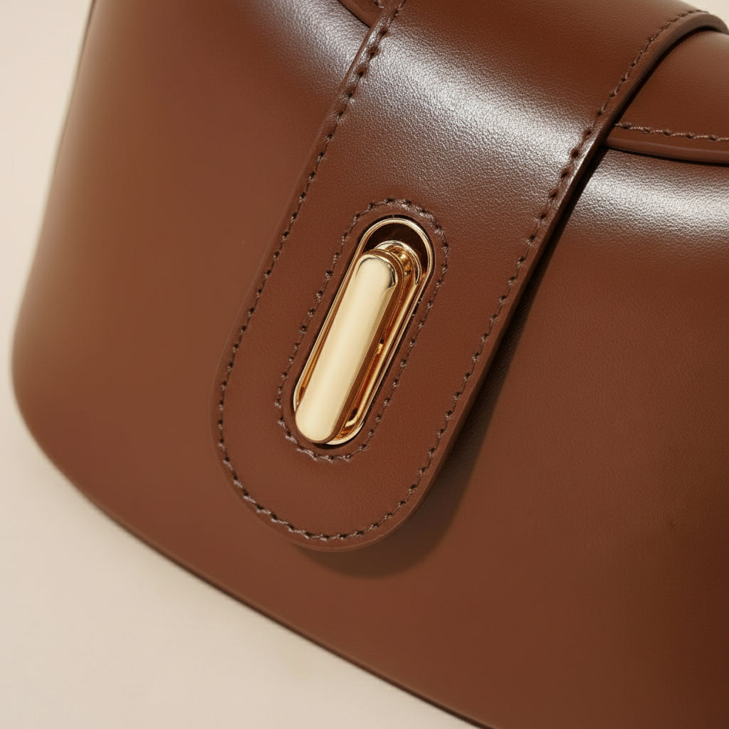 Close-up of a brown leather handbag with a gold clasp on a beige background