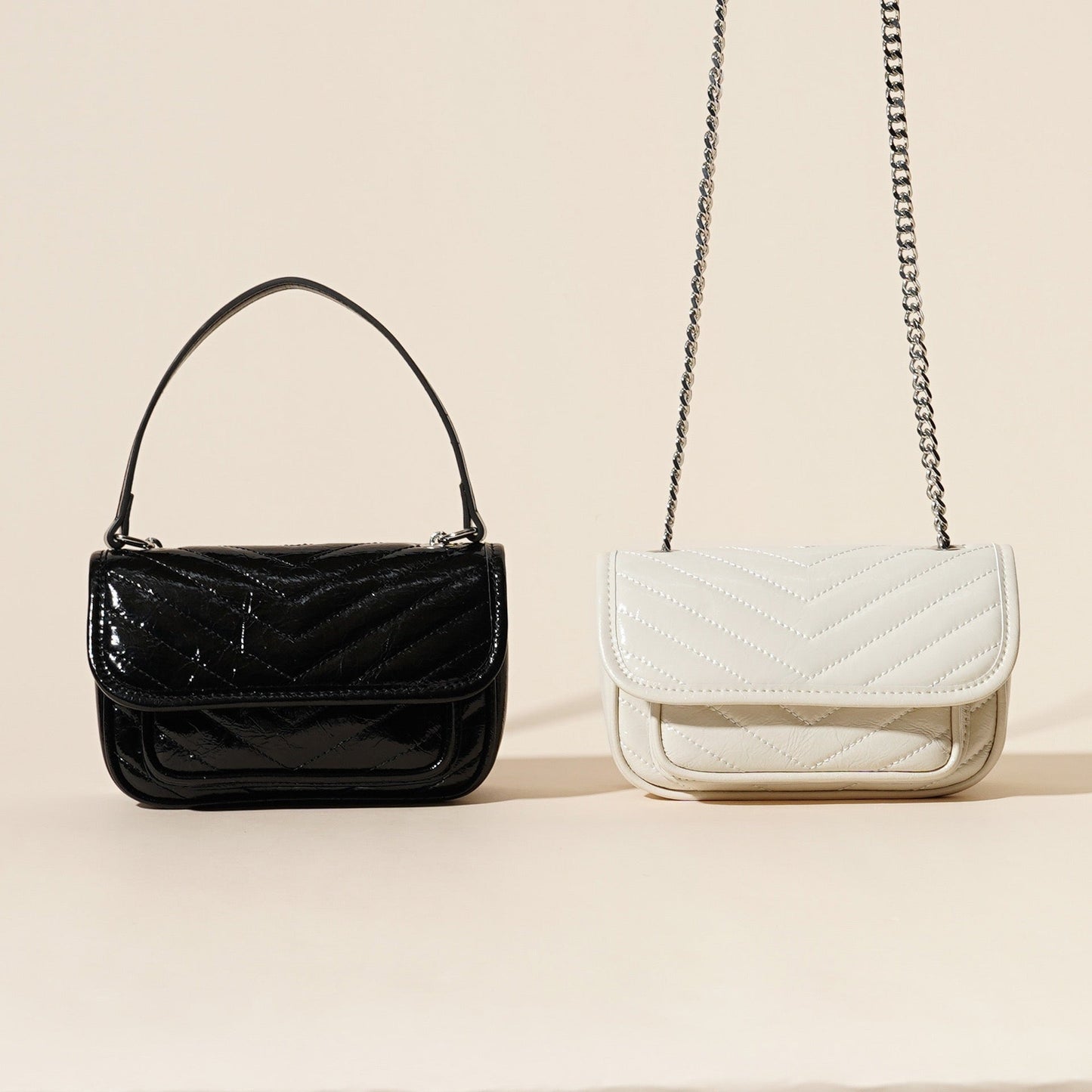 Elegant Mini Flap Bag in Genuine Leather with Silver Chain