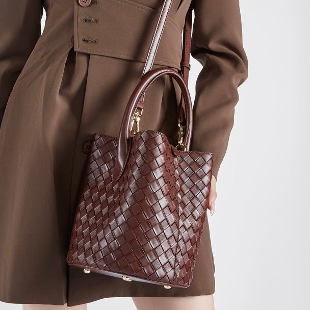 Luxury Genuine Leather Woven Bucket Crossbody Handbag