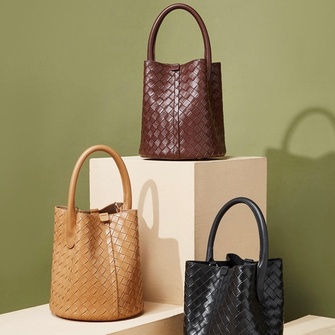 Luxury Genuine Leather Woven Bucket Crossbody Handbag