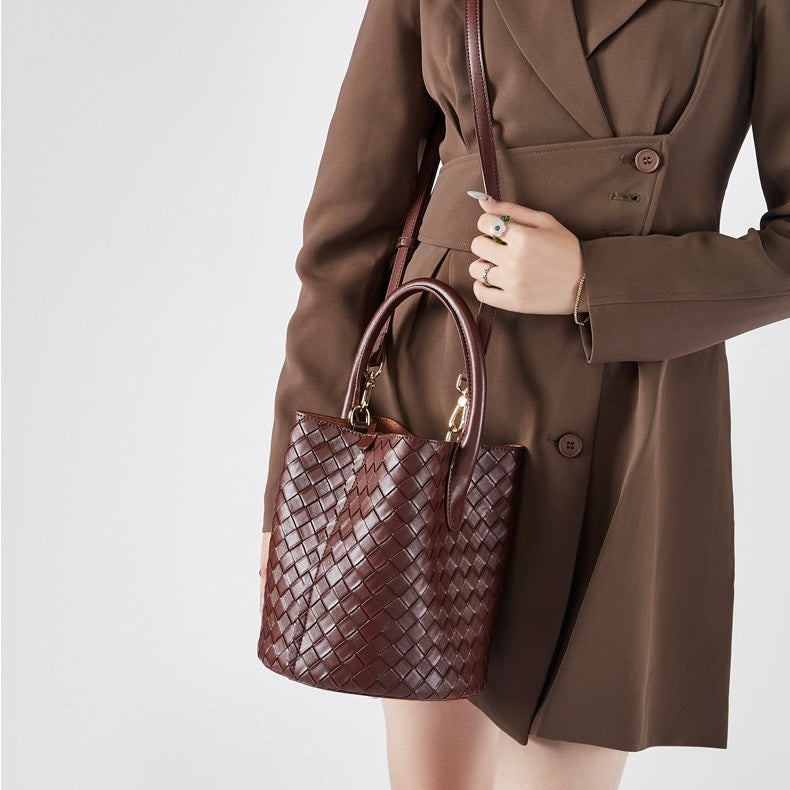 Luxury Genuine Leather Woven Bucket Crossbody Handbag