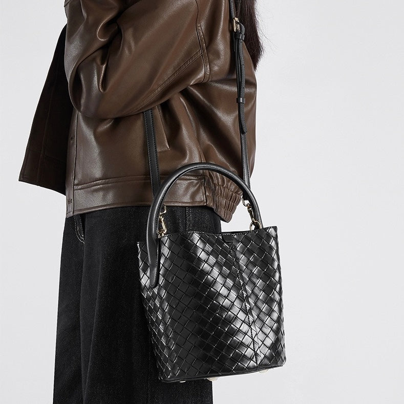 Luxury Genuine Leather Woven Bucket Crossbody Handbag