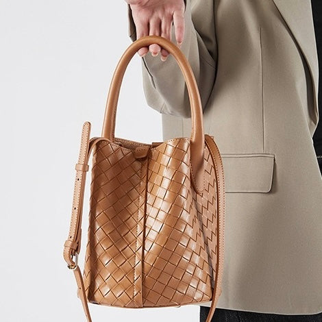 Luxury Genuine Leather Woven Bucket Crossbody Handbag