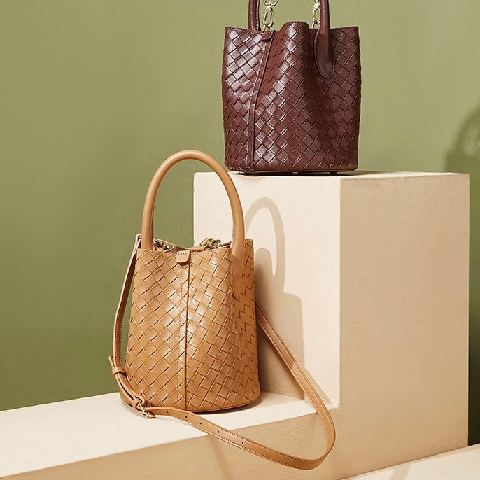 Luxury Genuine Leather Woven Bucket Crossbody Handbag