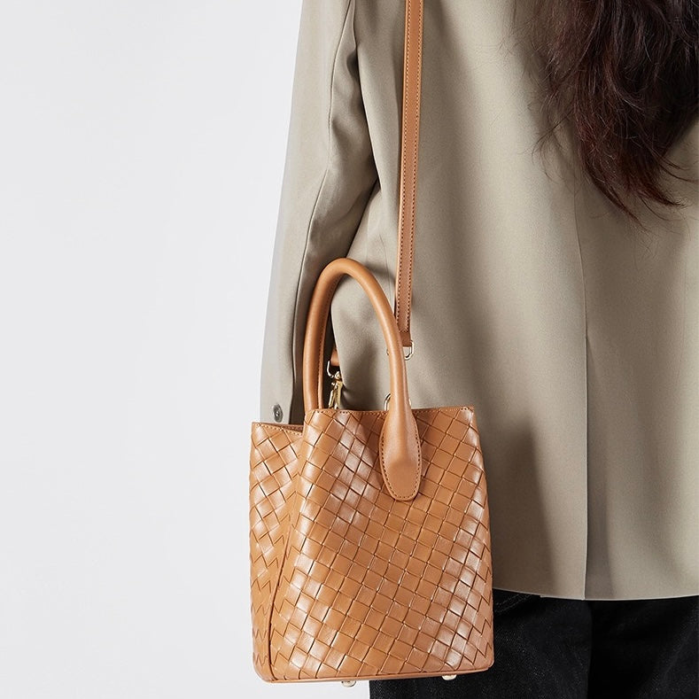Luxury Genuine Leather Woven Bucket Crossbody Handbag