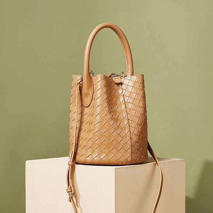 Luxury Genuine Leather Woven Bucket Crossbody Handbag