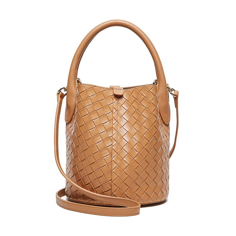 Luxury Genuine Leather Woven Bucket Crossbody Handbag