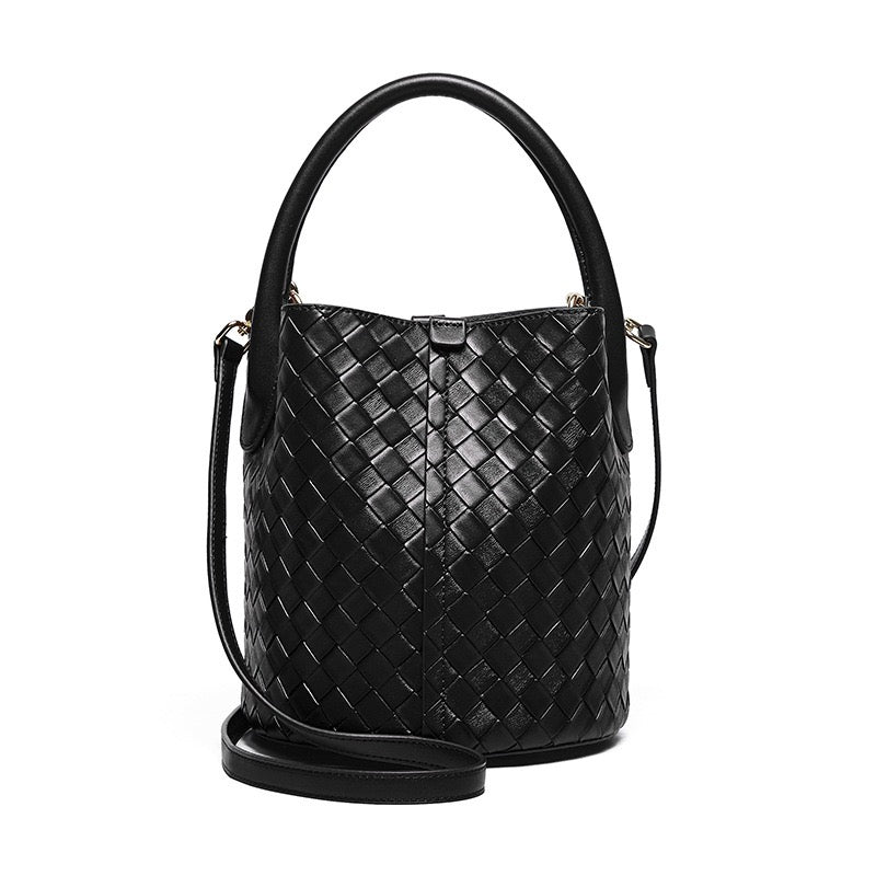 Luxury Genuine Leather Woven Bucket Crossbody Handbag