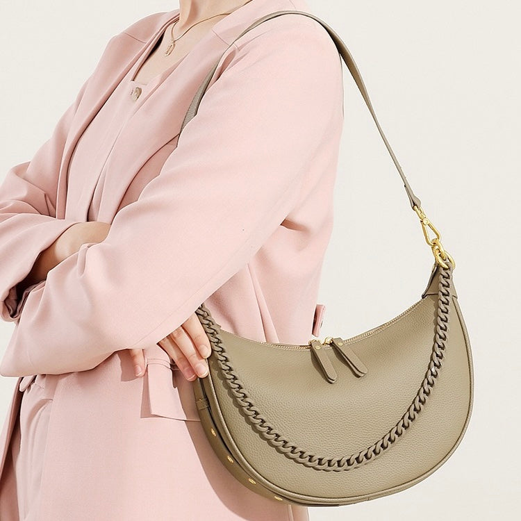 Genuine Leather Baguette Dumpling Bag with Luxe Chain